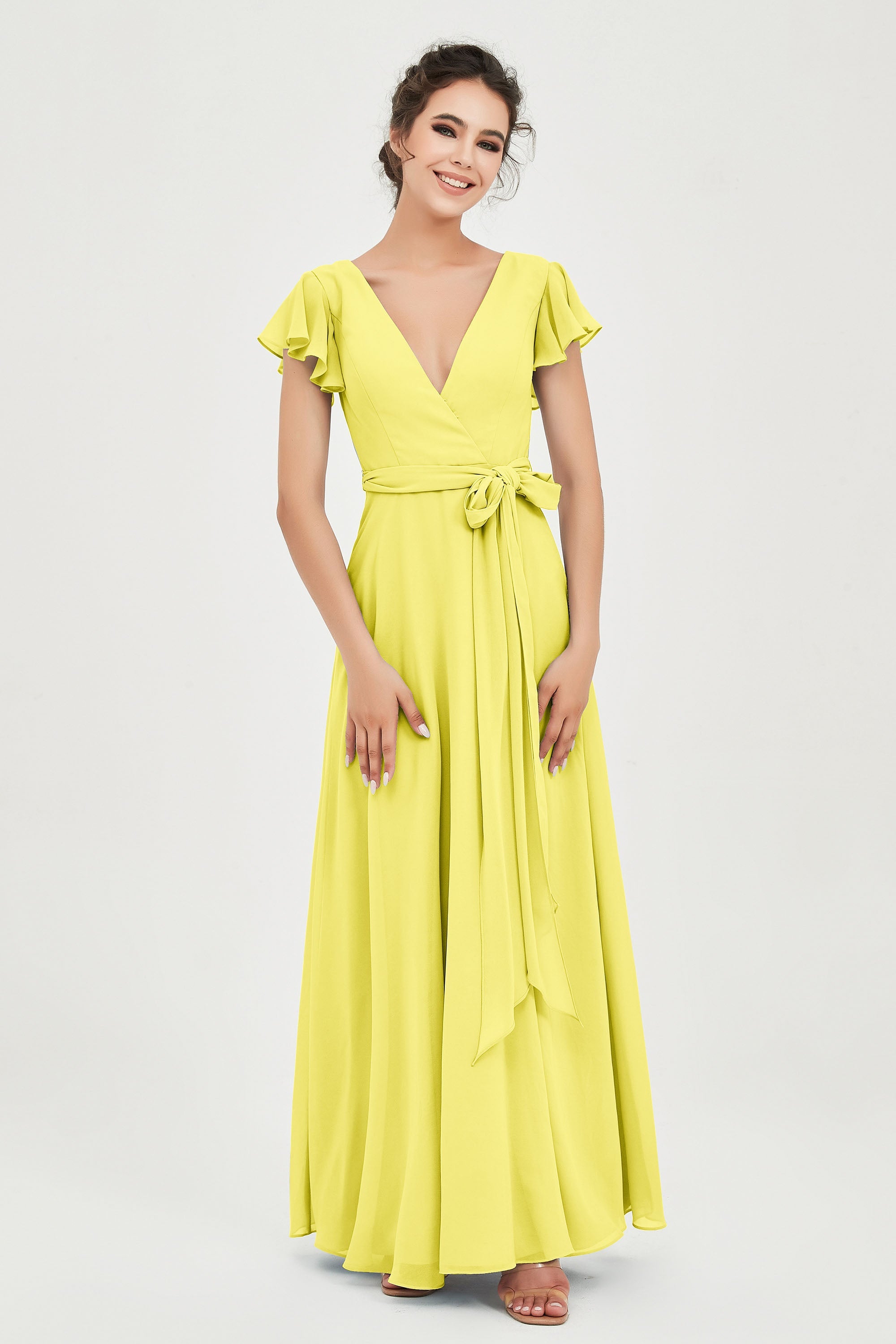 Flutter Sleeves Chiffon V Neck Bridesmaid Dress Women's Formal Evening Prom Gowns Dresses