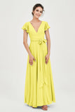 Flutter Sleeves Chiffon V Neck Bridesmaid Dress Women's Formal Evening Prom Gowns Dresses
