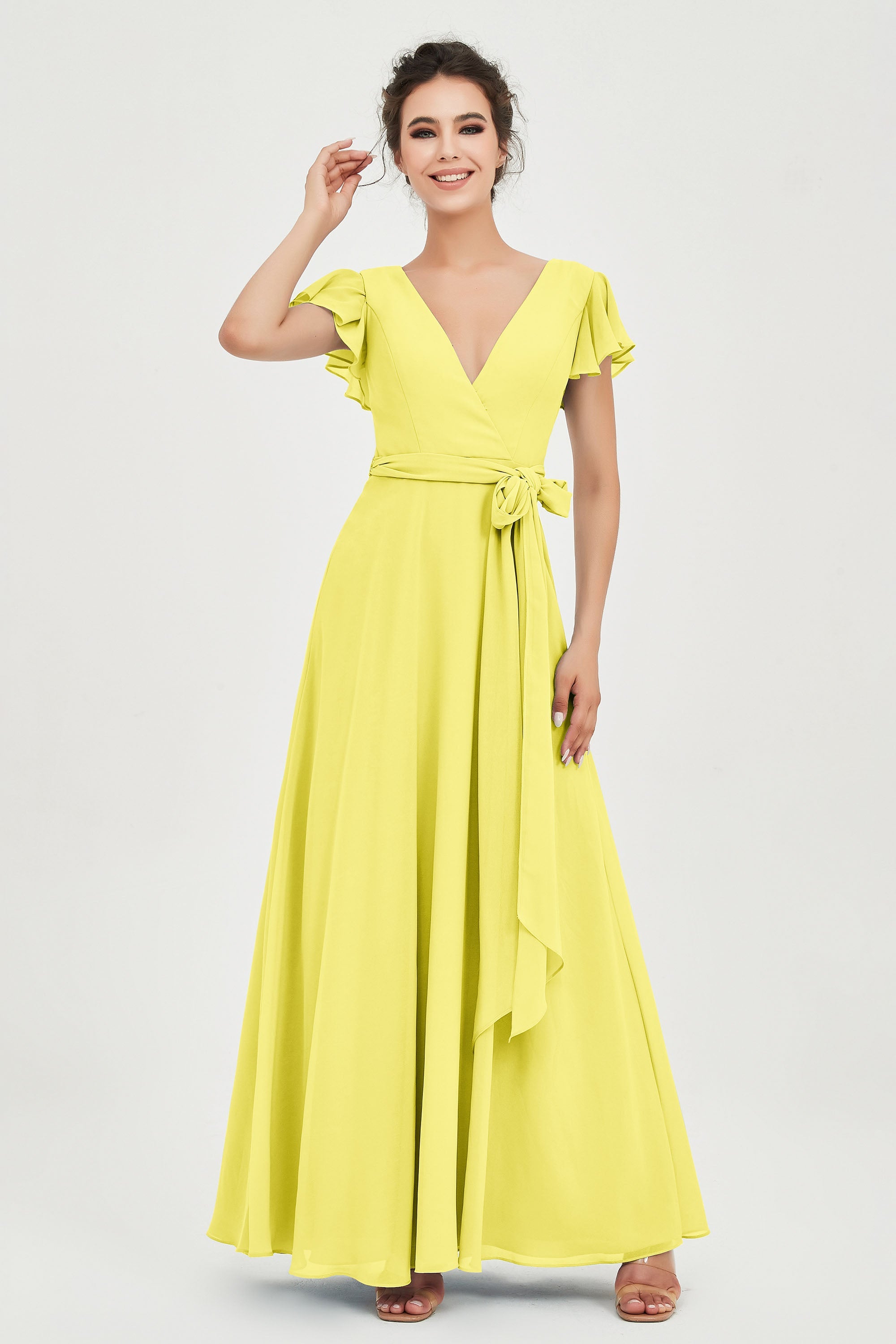 Flutter Sleeves Chiffon V Neck Bridesmaid Dress Women's Formal Evening Prom Gowns Dresses