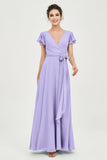 Flutter Sleeves Chiffon V Neck Bridesmaid Dress Women's Formal Evening Prom Gowns Dresses
