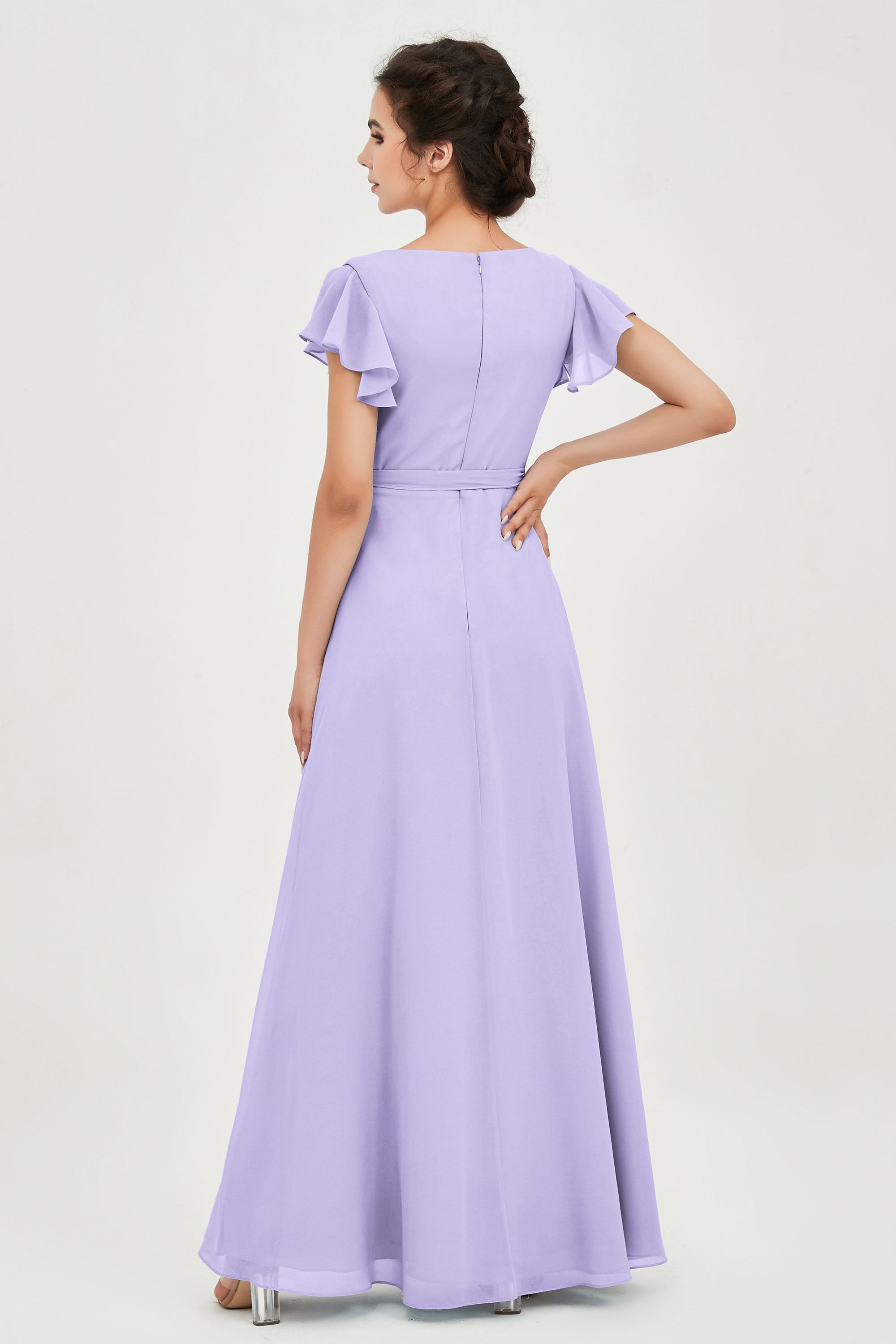 Flutter Sleeves Chiffon V Neck Bridesmaid Dress Women's Formal Evening Prom Gowns Dresses