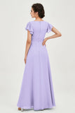 Flutter Sleeves Chiffon V Neck Bridesmaid Dress Women's Formal Evening Prom Gowns Dresses