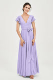 Flutter Sleeves Chiffon V Neck Bridesmaid Dress Women's Formal Evening Prom Gowns Dresses