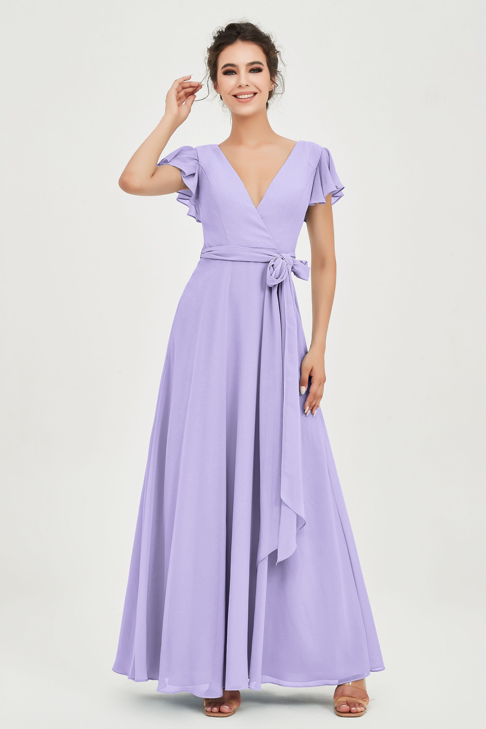 Flutter Sleeves Chiffon V Neck Bridesmaid Dress Women's Formal Evening Prom Gowns Dresses