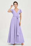 Flutter Sleeves Chiffon V Neck Bridesmaid Dress Women's Formal Evening Prom Gowns Dresses