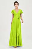 Flutter Sleeves Chiffon V Neck Bridesmaid Dress Women's Formal Evening Prom Gowns Dresses