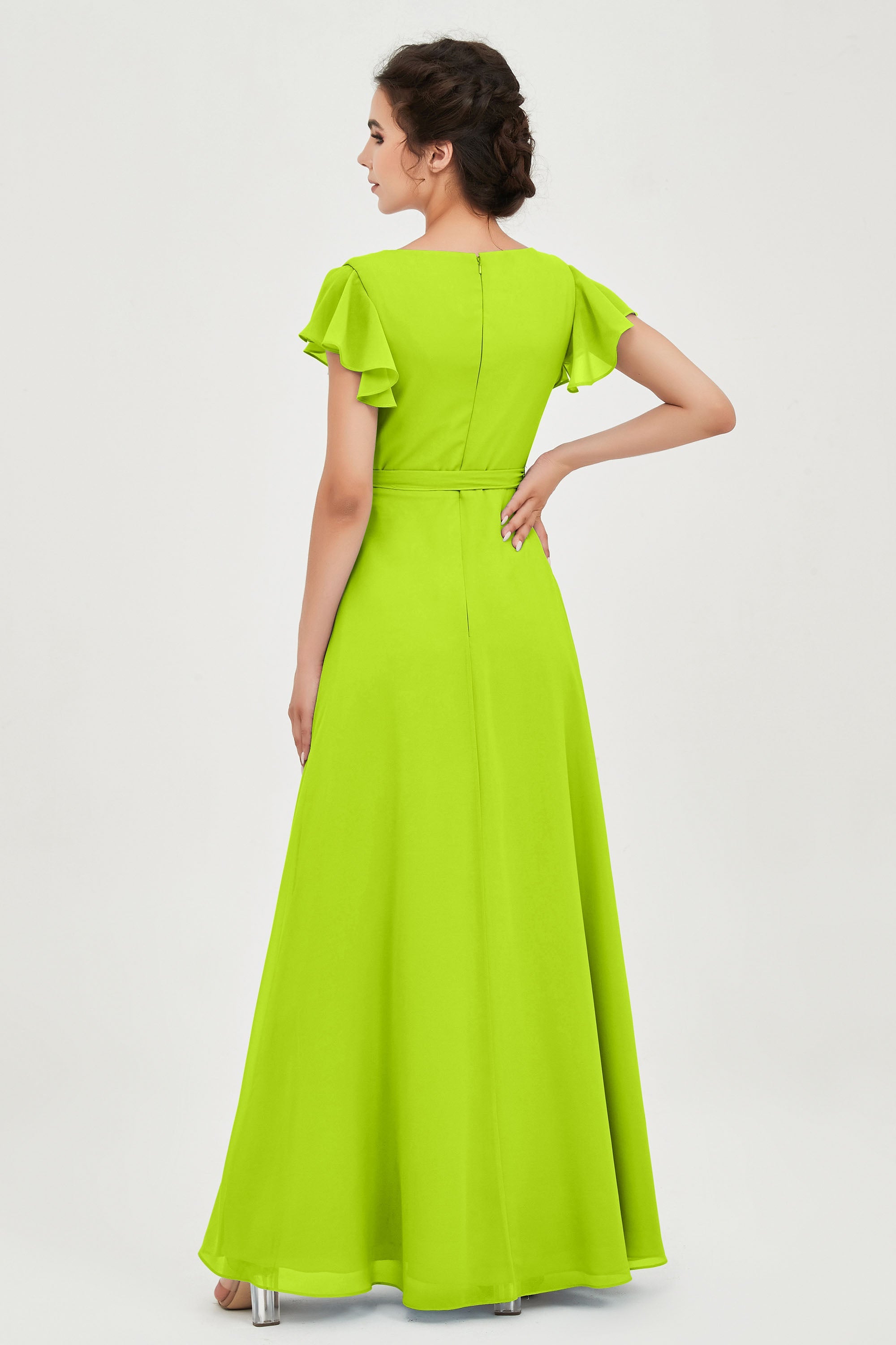 Flutter Sleeves Chiffon V Neck Bridesmaid Dress Women's Formal Evening Prom Gowns Dresses