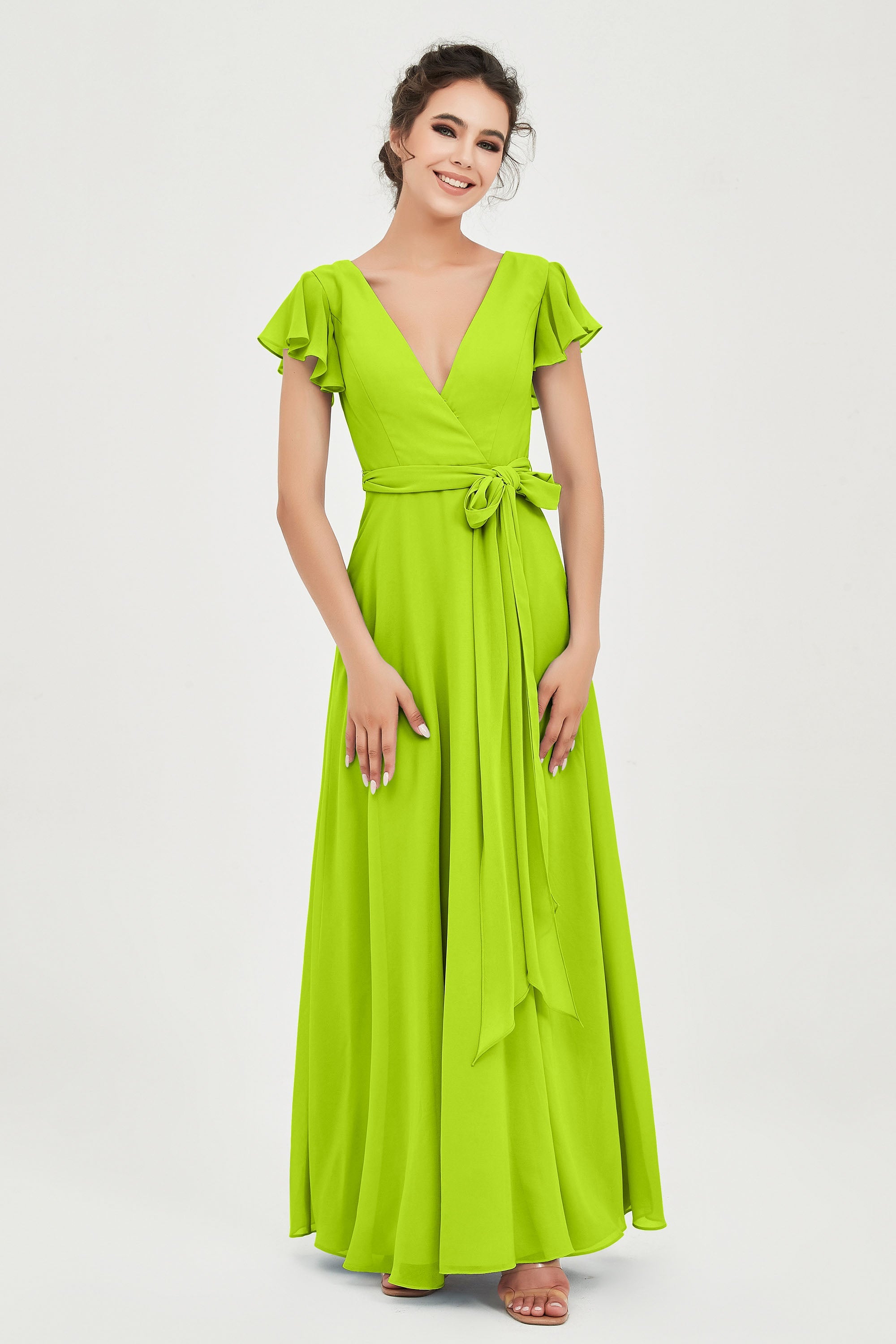 Flutter Sleeves Chiffon V Neck Bridesmaid Dress Women's Formal Evening Prom Gowns Dresses