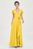 Flutter Sleeves Chiffon V Neck Bridesmaid Dress Women's Formal Evening Prom Gowns Dresses