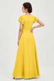 Flutter Sleeves Chiffon V Neck Bridesmaid Dress Women's Formal Evening Prom Gowns Dresses