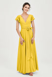 Flutter Sleeves Chiffon V Neck Bridesmaid Dress Women's Formal Evening Prom Gowns Dresses