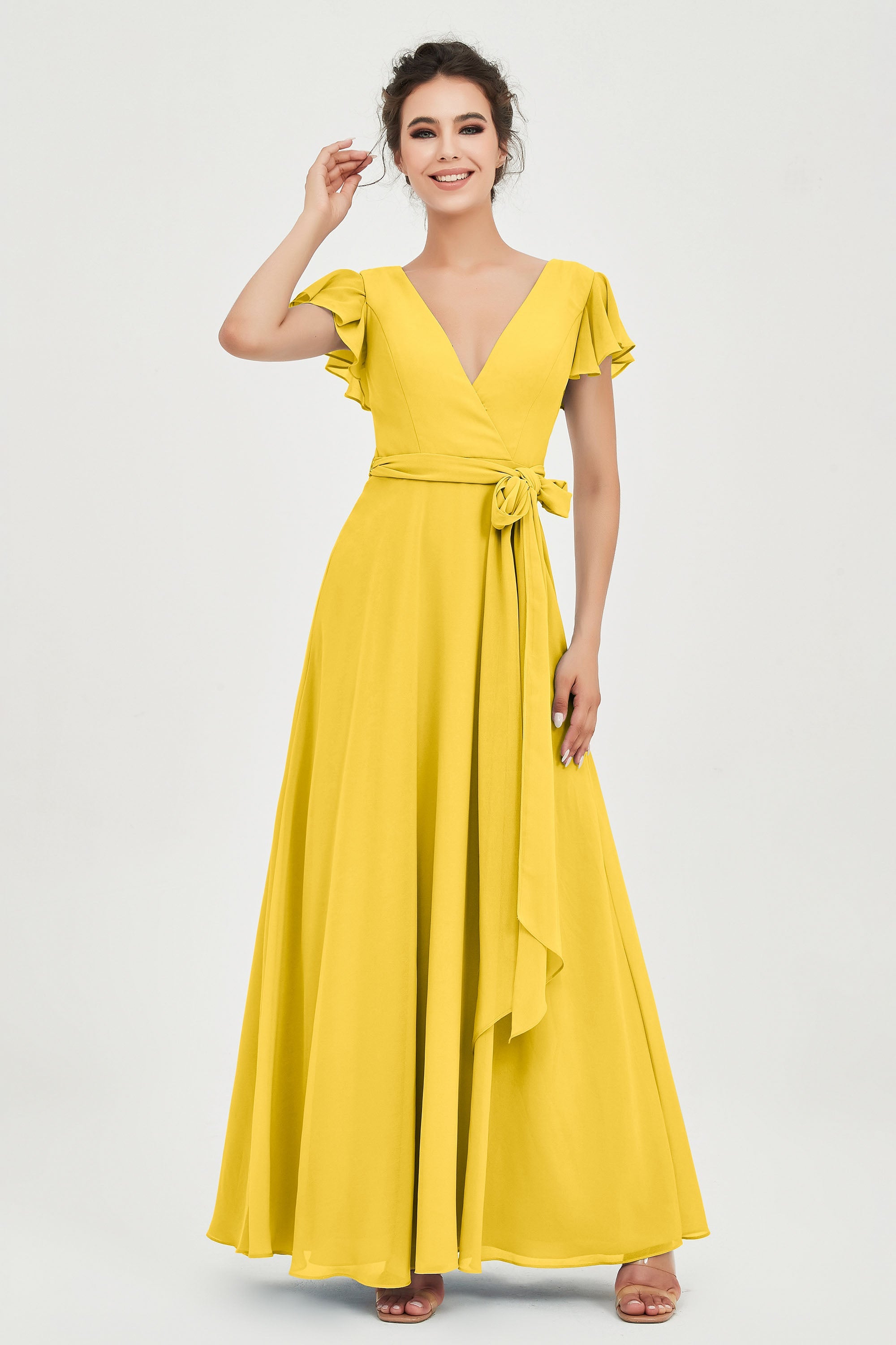 Flutter Sleeves Chiffon V Neck Bridesmaid Dress Women's Formal Evening Prom Gowns Dresses