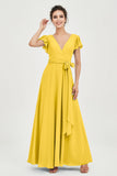 Flutter Sleeves Chiffon V Neck Bridesmaid Dress Women's Formal Evening Prom Gowns Dresses