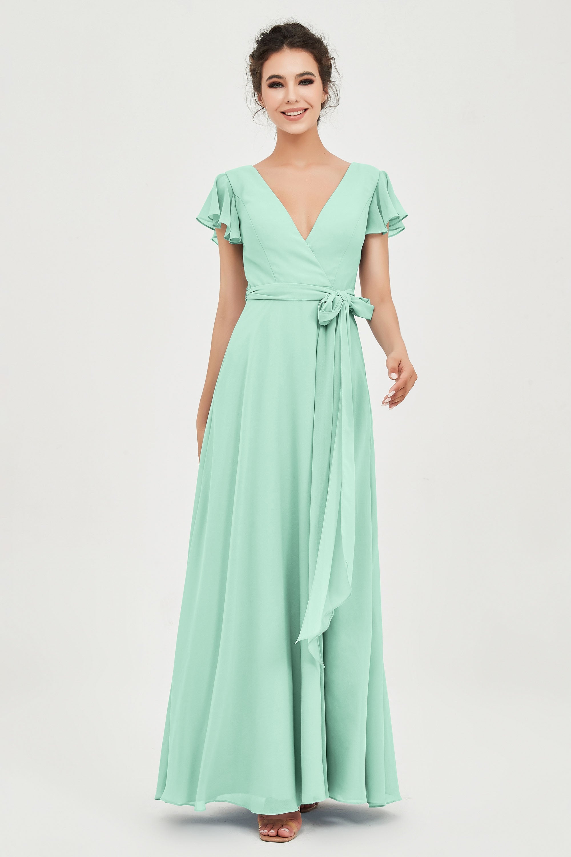 Flutter Sleeves Chiffon V Neck Bridesmaid Dress Women's Formal Evening Prom Gowns Dresses