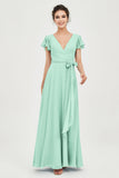 Flutter Sleeves Chiffon V Neck Bridesmaid Dress Women's Formal Evening Prom Gowns Dresses