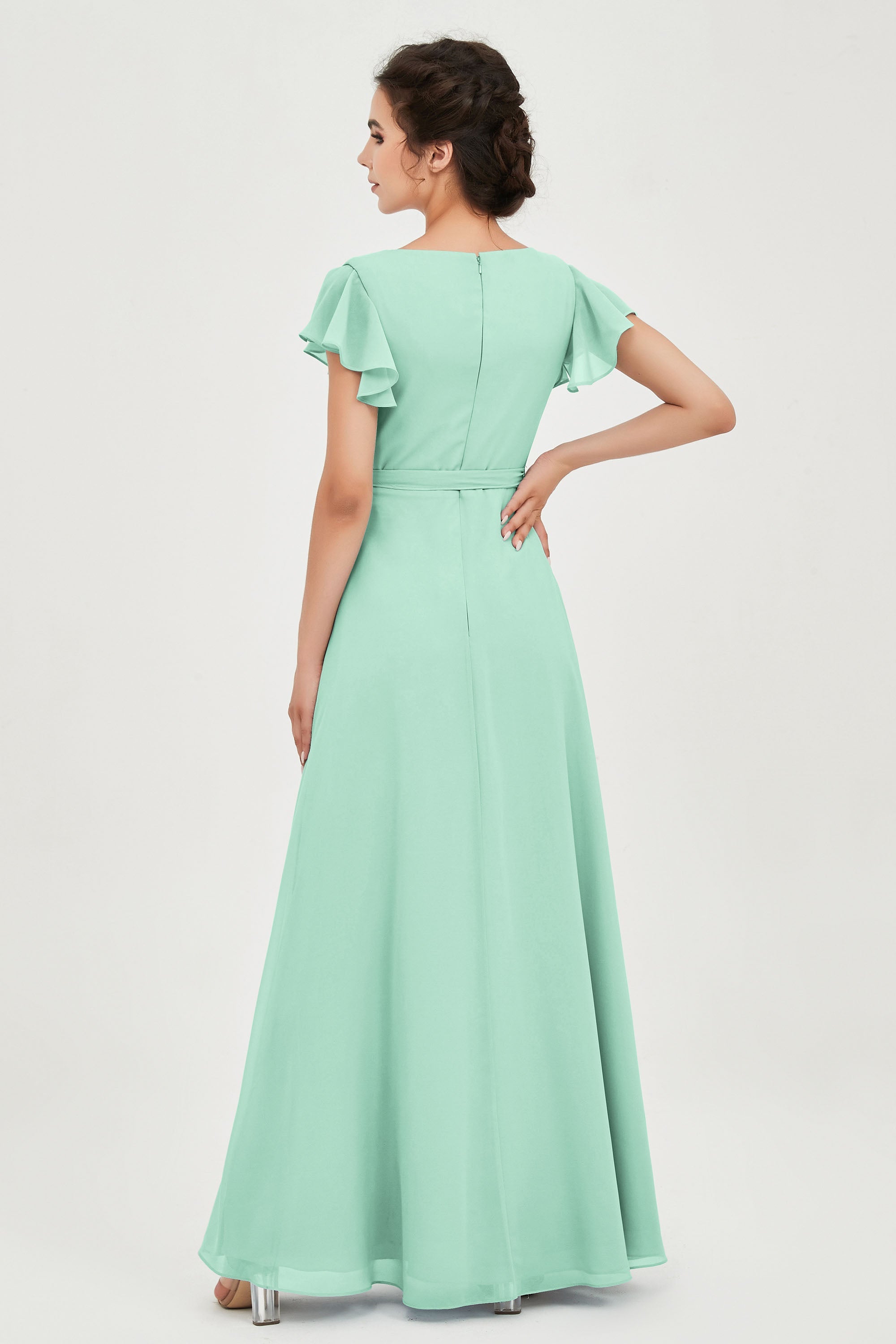 Flutter Sleeves Chiffon V Neck Bridesmaid Dress Women's Formal Evening Prom Gowns Dresses