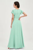 Flutter Sleeves Chiffon V Neck Bridesmaid Dress Women's Formal Evening Prom Gowns Dresses