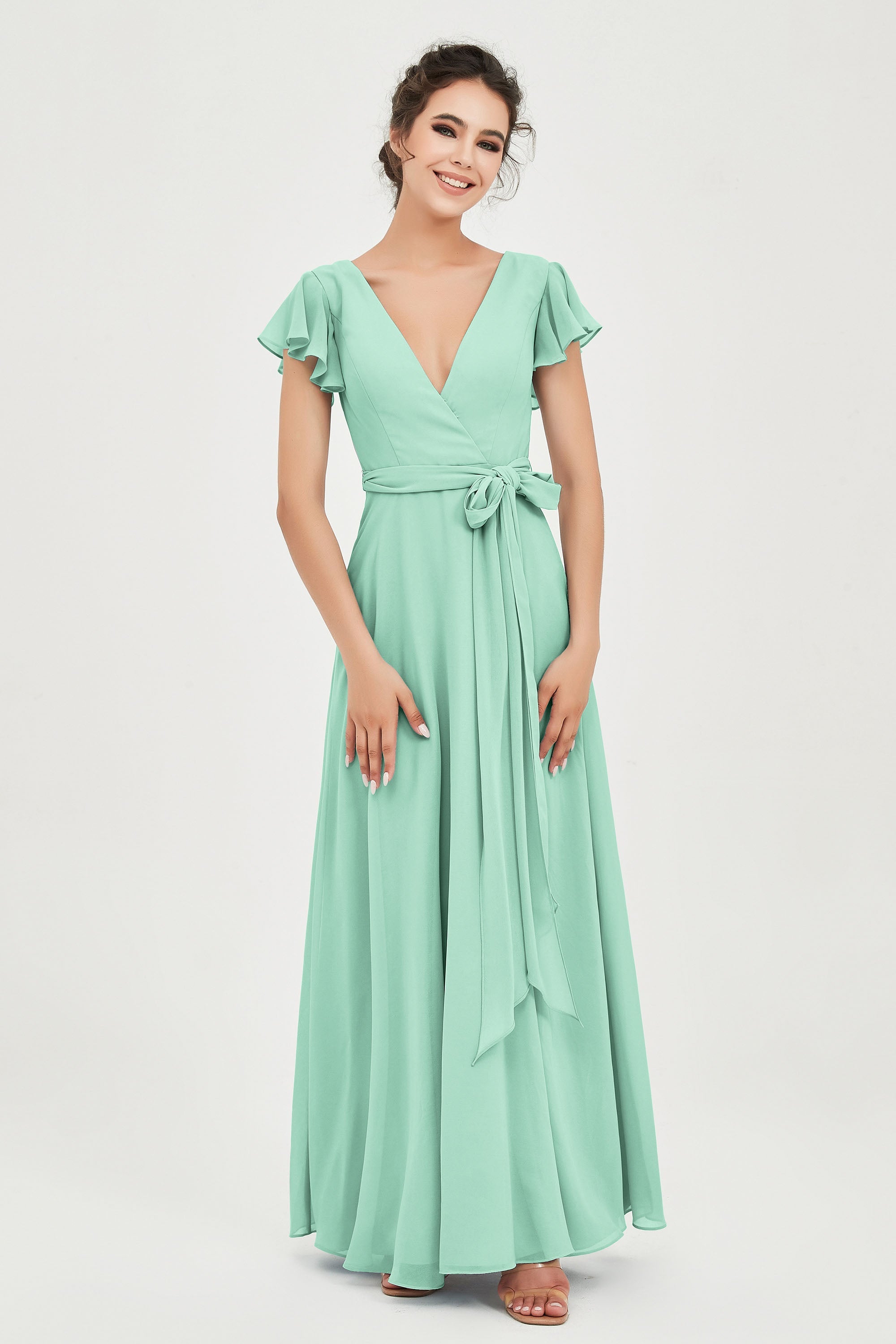Flutter Sleeves Chiffon V Neck Bridesmaid Dress Women's Formal Evening Prom Gowns Dresses