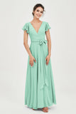 Flutter Sleeves Chiffon V Neck Bridesmaid Dress Women's Formal Evening Prom Gowns Dresses