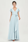 Flutter Sleeves Chiffon V Neck Bridesmaid Dress Women's Formal Evening Prom Gowns Dresses