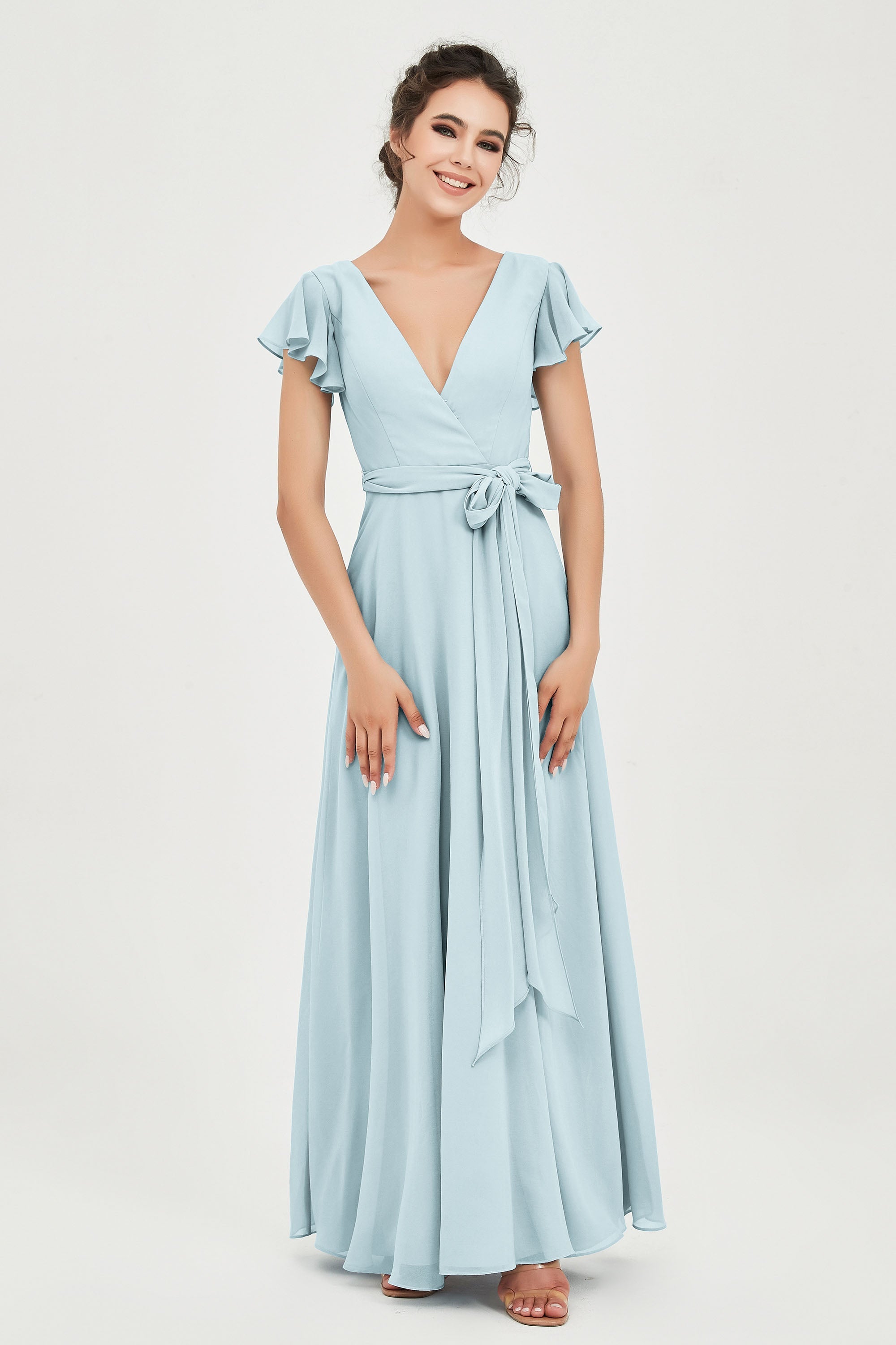 Flutter Sleeves Chiffon V Neck Bridesmaid Dress Women's Formal Evening Prom Gowns Dresses