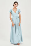 Flutter Sleeves Chiffon V Neck Bridesmaid Dress Women's Formal Evening Prom Gowns Dresses