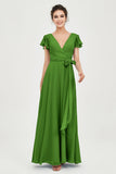 Flutter Sleeves Chiffon V Neck Bridesmaid Dress Women's Formal Evening Prom Gowns Dresses