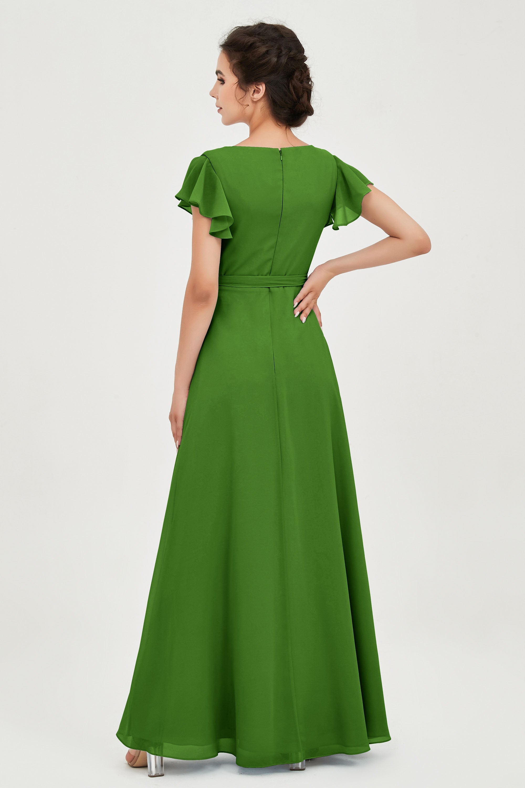 Flutter Sleeves Chiffon V Neck Bridesmaid Dress Women's Formal Evening Prom Gowns Dresses