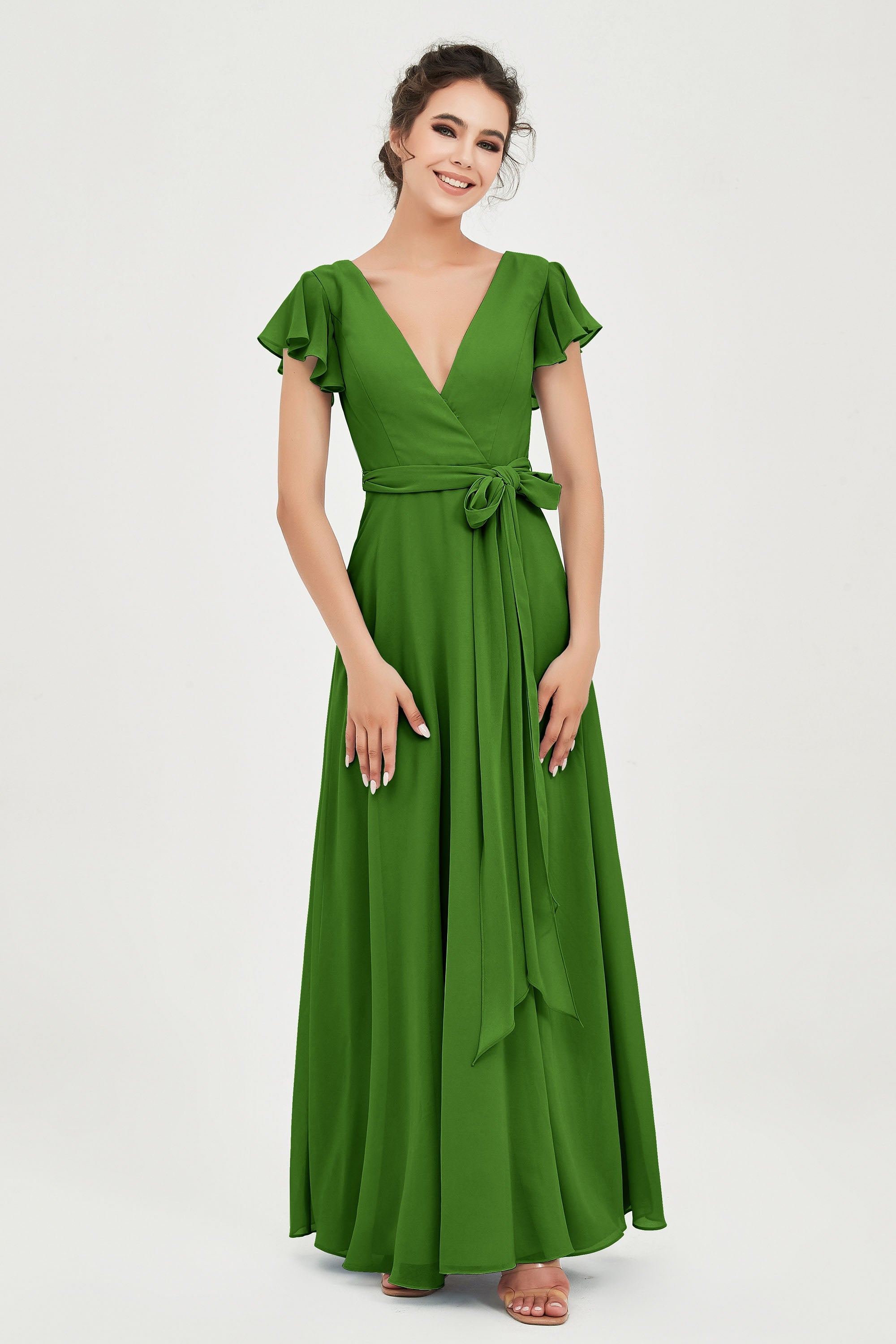 Flutter Sleeves Chiffon V Neck Bridesmaid Dress Women's Formal Evening Prom Gowns Dresses
