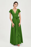 Flutter Sleeves Chiffon V Neck Bridesmaid Dress Women's Formal Evening Prom Gowns Dresses