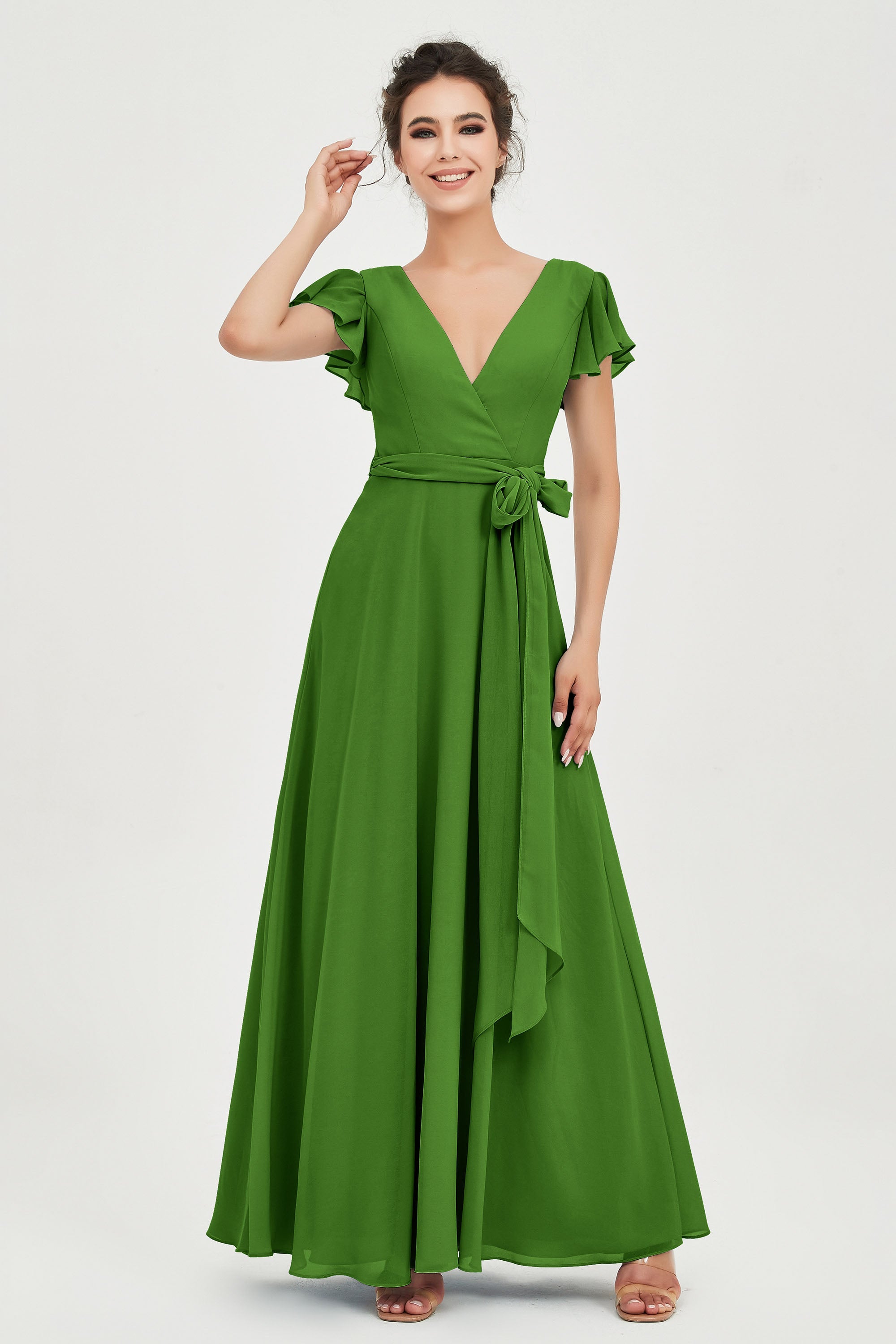 Flutter Sleeves Chiffon V Neck Bridesmaid Dress Women's Formal Evening Prom Gowns Dresses
