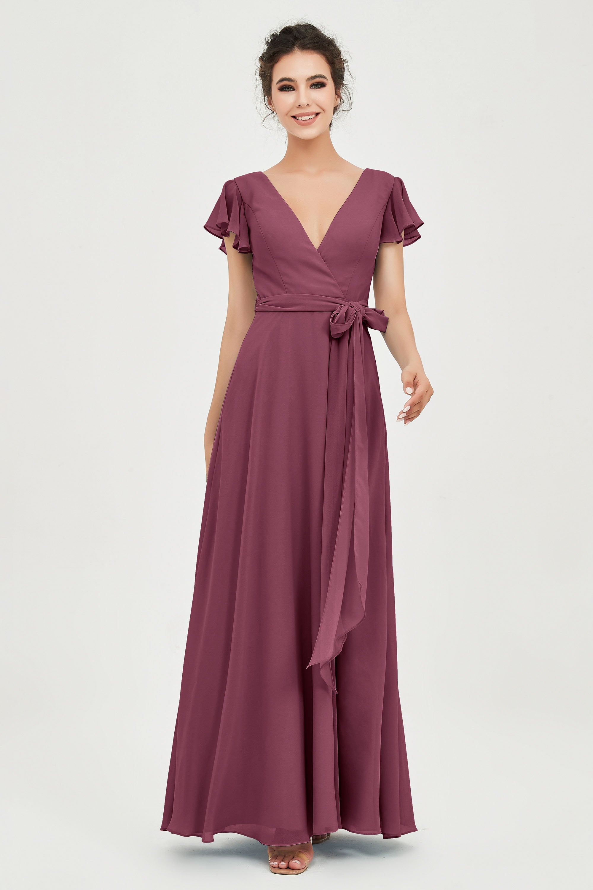 Flutter Sleeves Chiffon V Neck Bridesmaid Dress Women's Formal Evening Prom Gowns Dresses