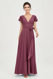 Flutter Sleeves Chiffon V Neck Bridesmaid Dress Women's Formal Evening Prom Gowns Dresses
