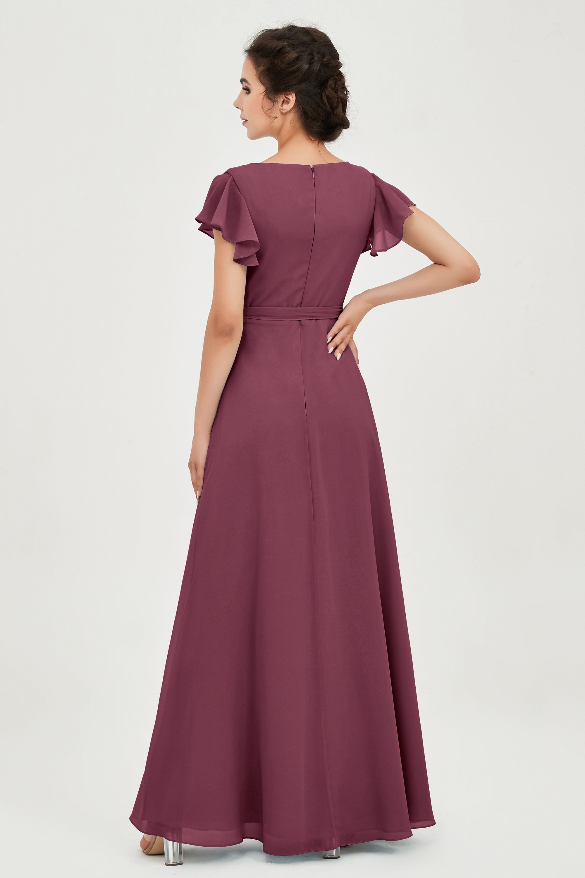 Flutter Sleeves Chiffon V Neck Bridesmaid Dress Women's Formal Evening Prom Gowns Dresses