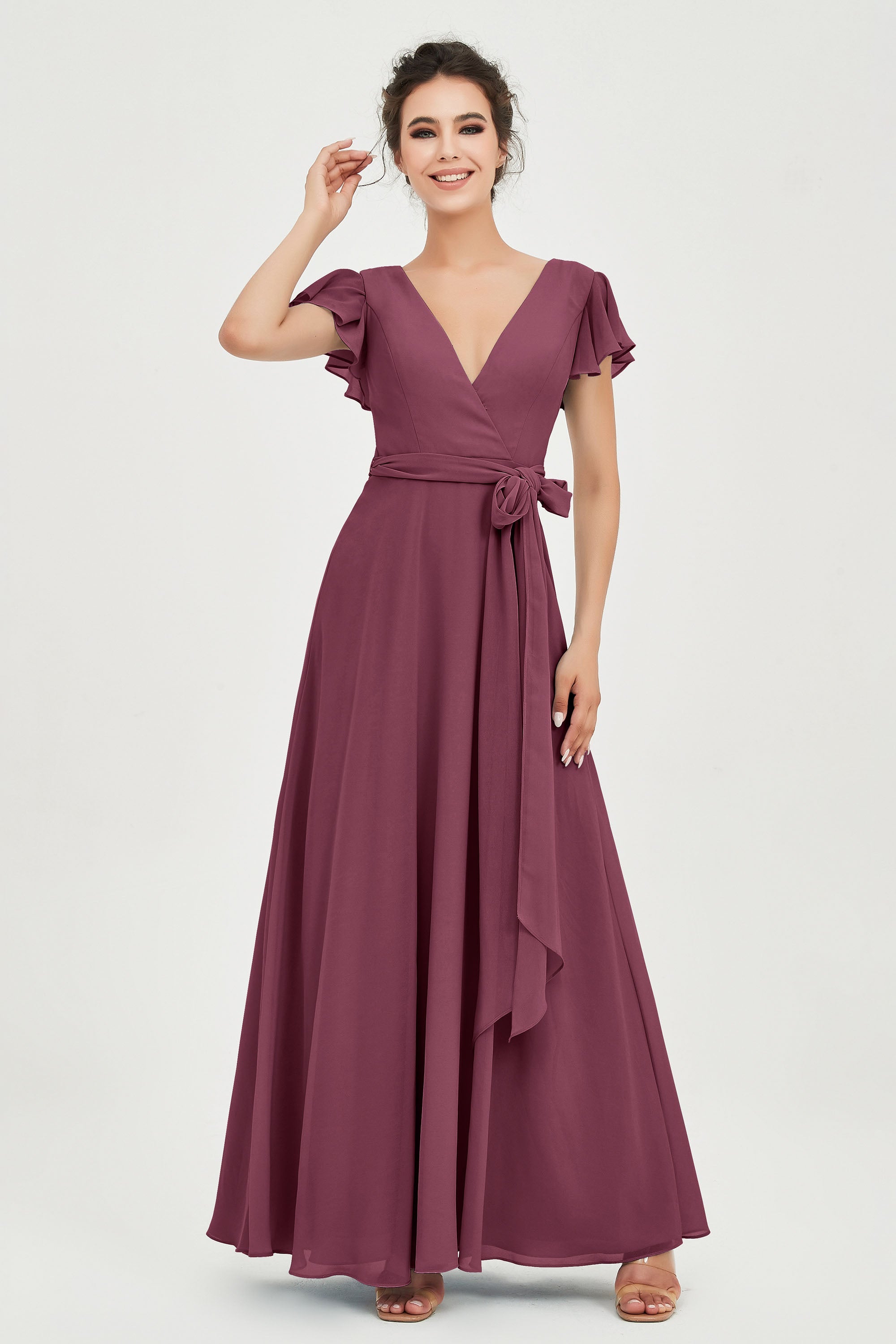 Flutter Sleeves Chiffon V Neck Bridesmaid Dress Women's Formal Evening Prom Gowns Dresses