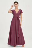Flutter Sleeves Chiffon V Neck Bridesmaid Dress Women's Formal Evening Prom Gowns Dresses