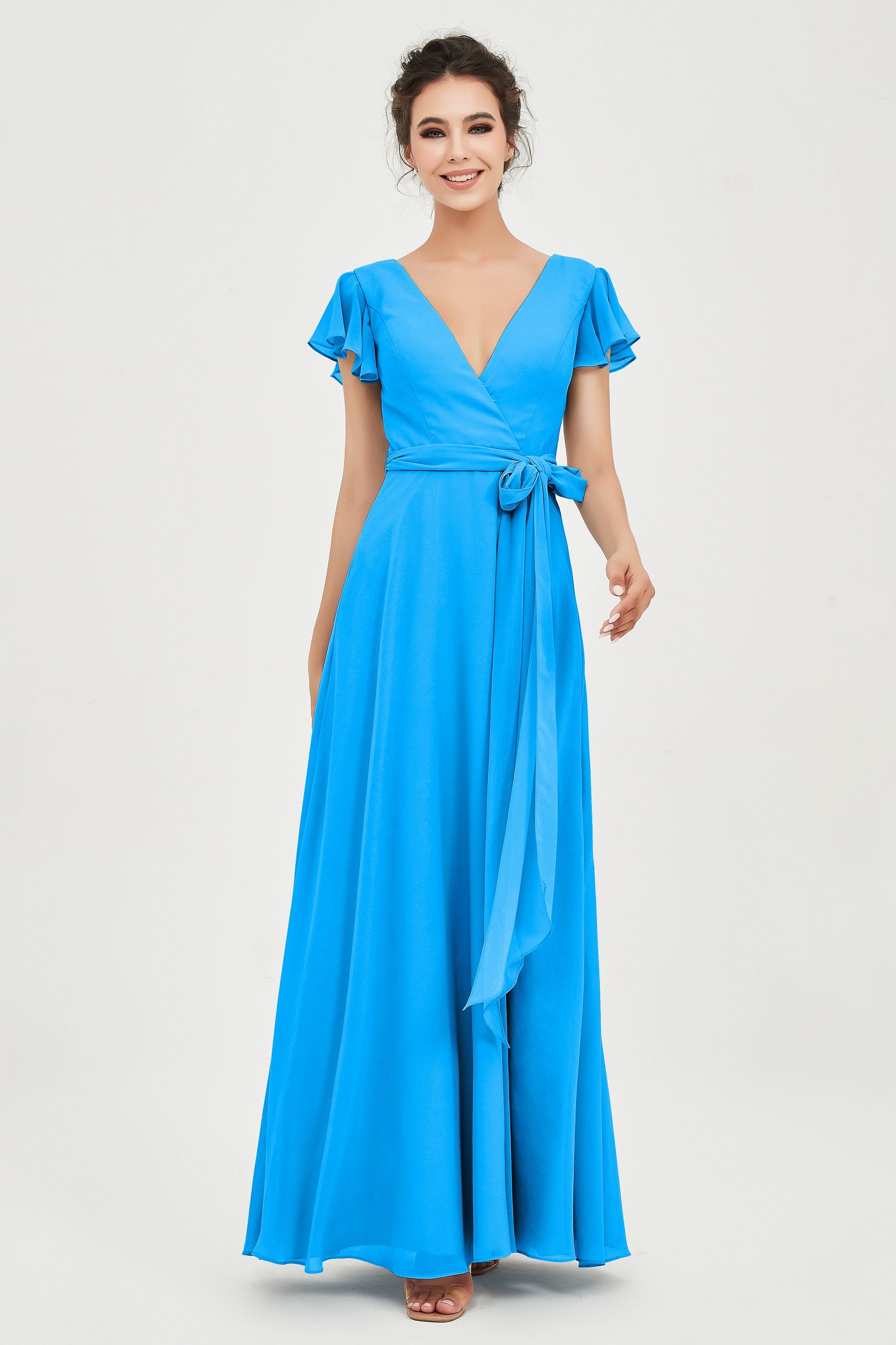 Flutter Sleeves Chiffon V Neck Bridesmaid Dress Women's Formal Evening Prom Gowns Dresses