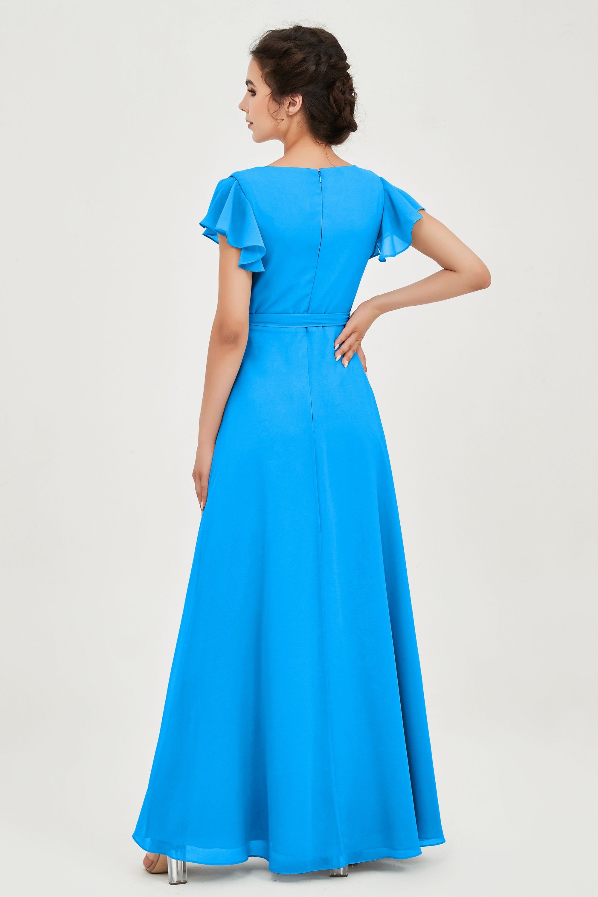 Flutter Sleeves Chiffon V Neck Bridesmaid Dress Women's Formal Evening Prom Gowns Dresses