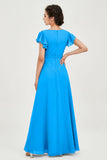 Flutter Sleeves Chiffon V Neck Bridesmaid Dress Women's Formal Evening Prom Gowns Dresses