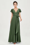 Flutter Sleeves Chiffon V Neck Bridesmaid Dress Women's Formal Evening Prom Gowns Dresses