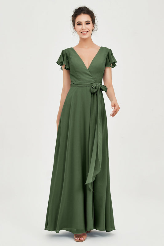 Flutter Sleeves Chiffon V Neck Bridesmaid Dress Women's Formal Evening Prom Gowns Dresses