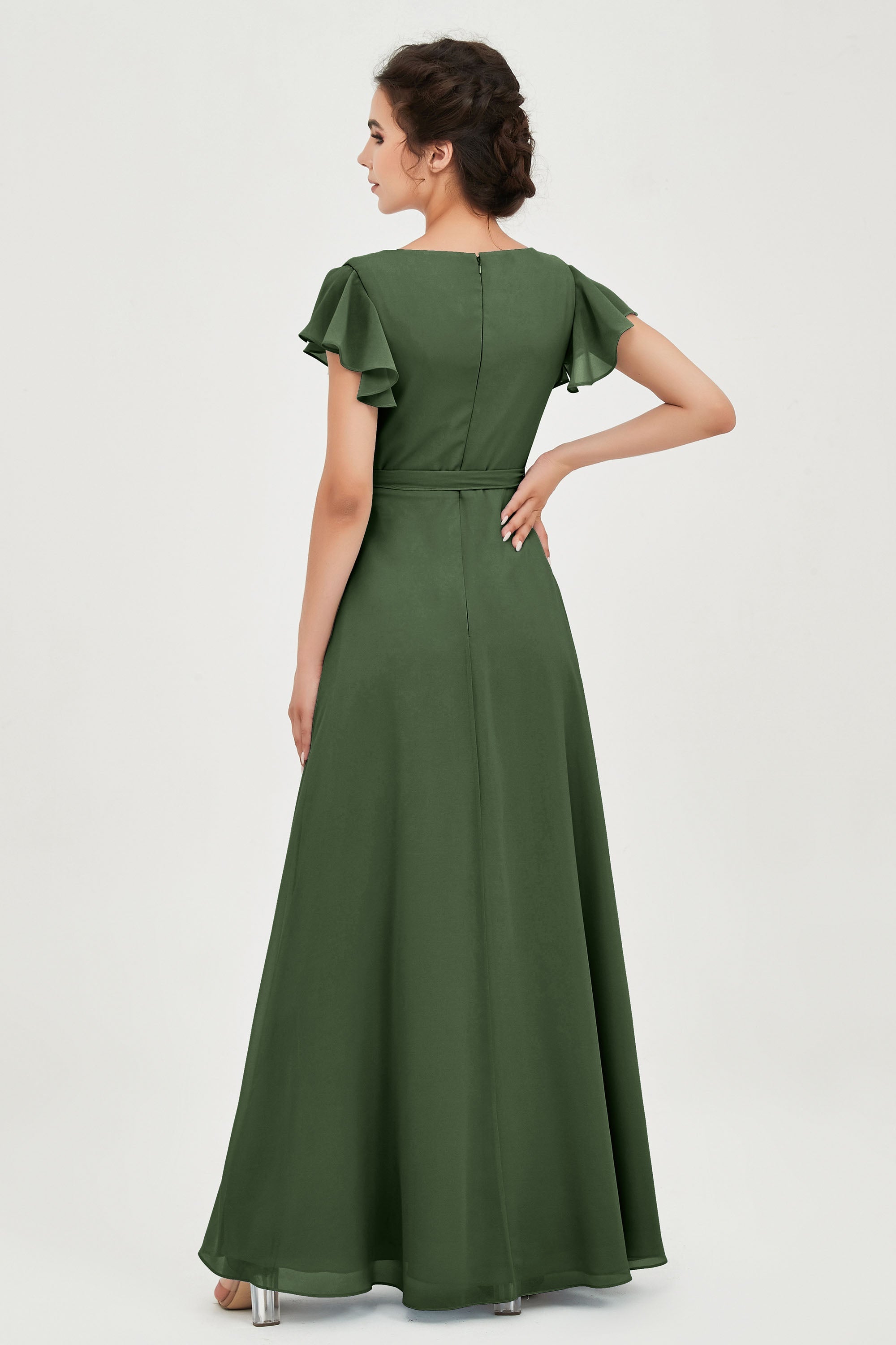 Flutter Sleeves Chiffon V Neck Bridesmaid Dress Women's Formal Evening Prom Gowns Dresses