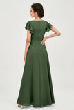 Flutter Sleeves Chiffon V Neck Bridesmaid Dress Women's Formal Evening Prom Gowns Dresses