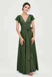 Flutter Sleeves Chiffon V Neck Bridesmaid Dress Women's Formal Evening Prom Gowns Dresses