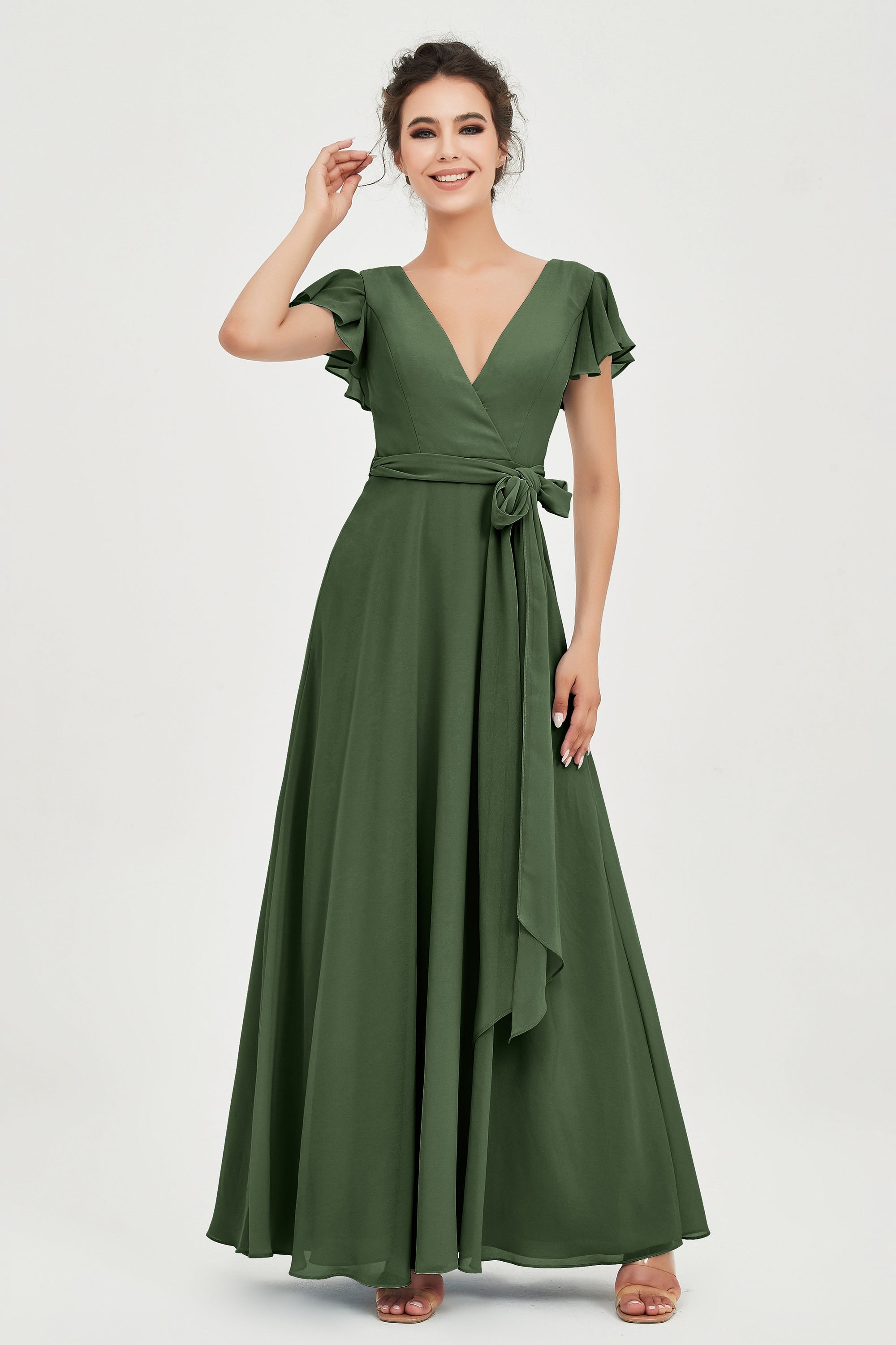 Flutter Sleeves Chiffon V Neck Bridesmaid Dress Women's Formal Evening Prom Gowns Dresses