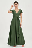 Flutter Sleeves Chiffon V Neck Bridesmaid Dress Women's Formal Evening Prom Gowns Dresses