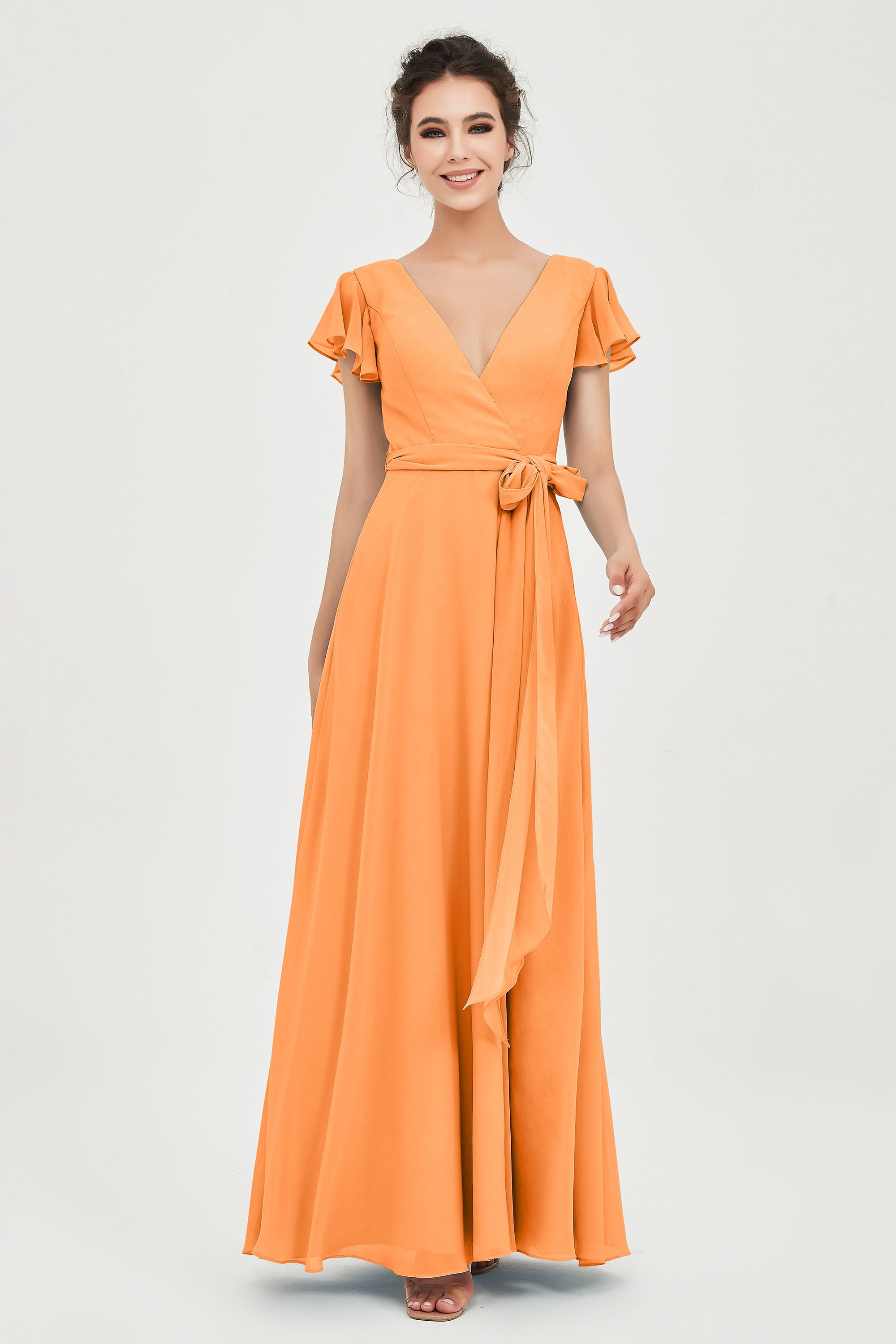 Flutter Sleeves Chiffon V Neck Bridesmaid Dress Women's Formal Evening Prom Gowns Dresses