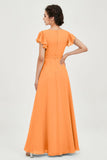 Flutter Sleeves Chiffon V Neck Bridesmaid Dress Women's Formal Evening Prom Gowns Dresses