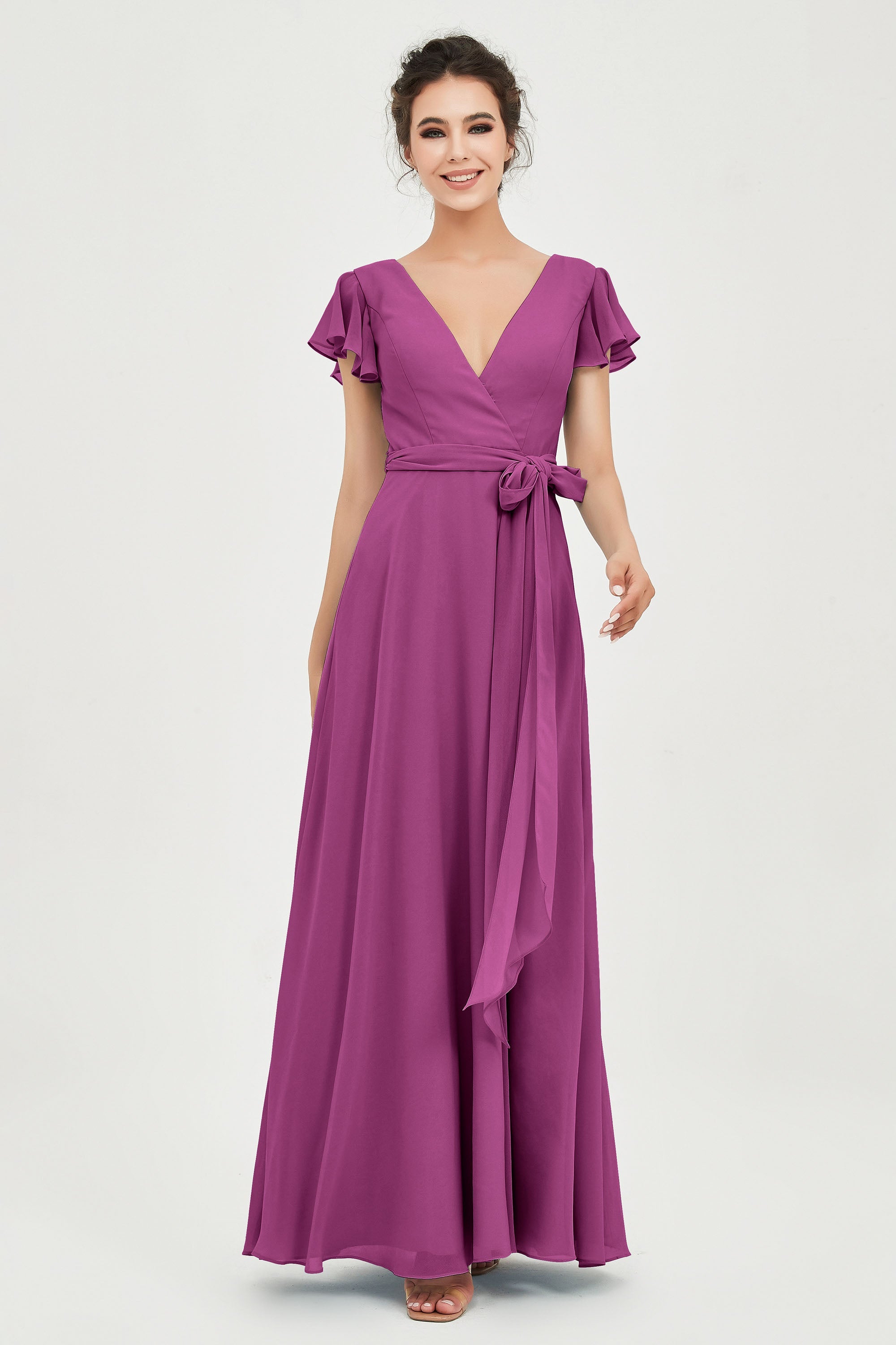 Flutter Sleeves Chiffon V Neck Bridesmaid Dress Women's Formal Evening Prom Gowns Dresses
