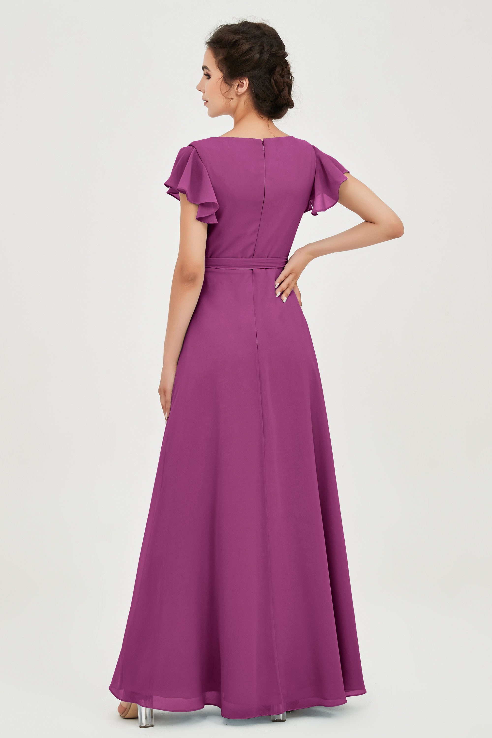 Flutter Sleeves Chiffon V Neck Bridesmaid Dress Women's Formal Evening Prom Gowns Dresses
